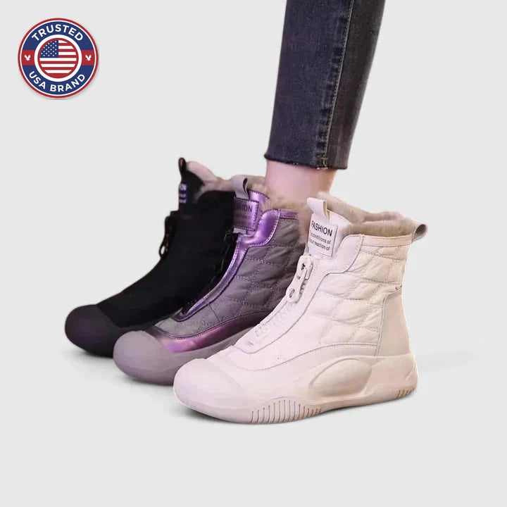 Women's quilted zip-up orthopedic ankle winter boots with faux fur lining - Purple