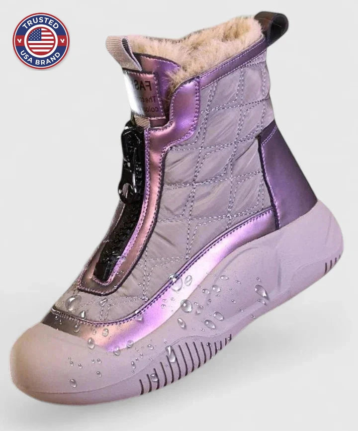 Women's quilted zip-up orthopedic ankle winter boots with faux fur lining - Purple