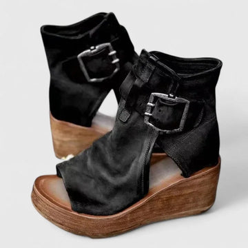 Women's faux leather buckle orthopedic ankle winter boots with open toe - Red