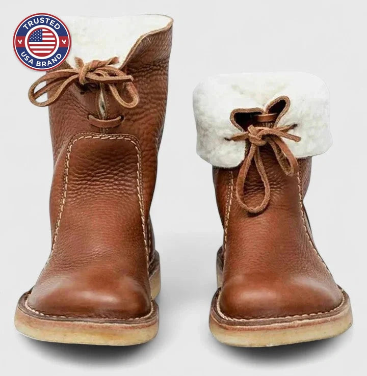 Women's faux leather lace-up orthopedic ankle winter boots with sherpa lining - Red