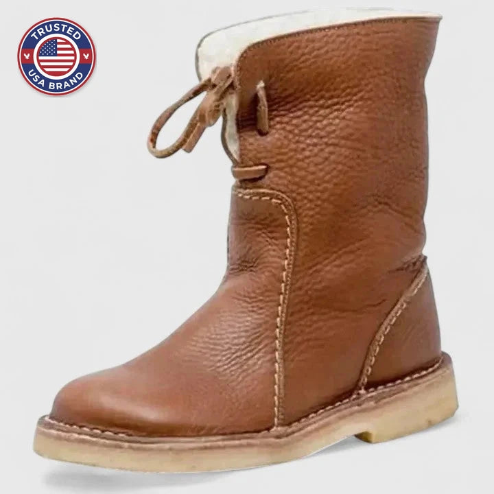 Women's faux leather lace-up orthopedic ankle winter boots with sherpa lining - Red