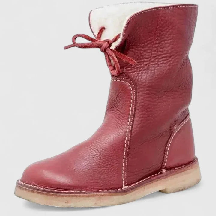 Women's faux leather lace-up orthopedic ankle winter boots with sherpa lining - Red