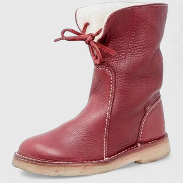 Women's faux leather lace-up orthopedic ankle winter boots with sherpa lining - Red