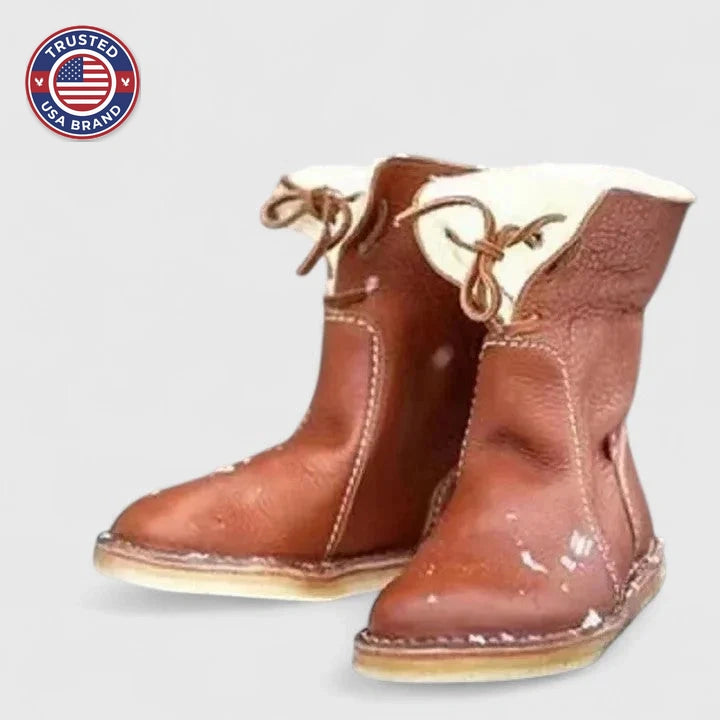 Women's faux leather lace-up orthopedic ankle winter boots with sherpa lining - Red
