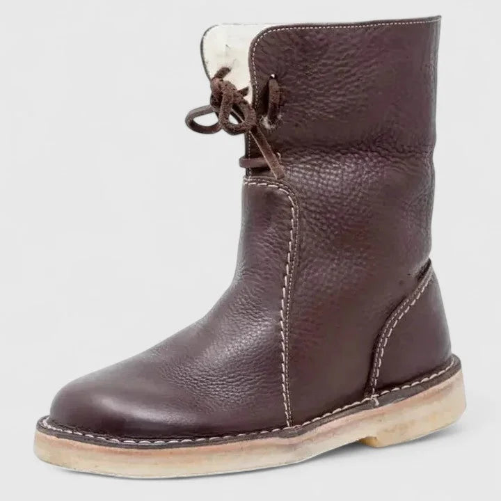 Women's faux leather lace-up orthopedic ankle winter boots with sherpa lining - Red