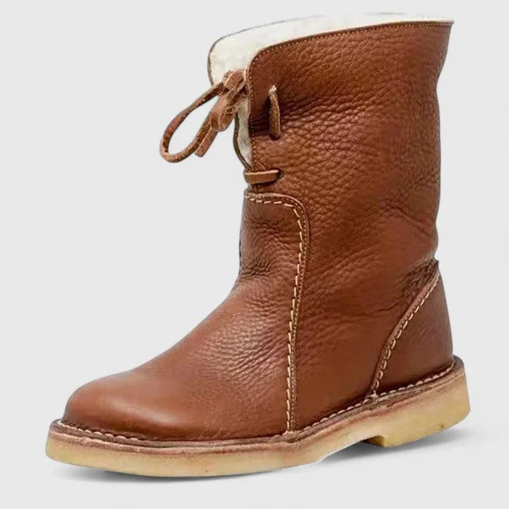 Women's faux leather lace-up orthopedic ankle winter boots with sherpa lining - Red