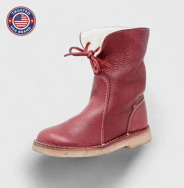 Women's faux leather lace-up orthopedic ankle winter boots with sherpa lining - Red
