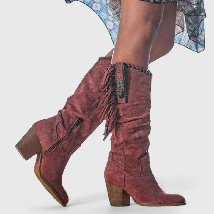 Women's suede side zip orthopedic knee high winter boots with fringe - Red