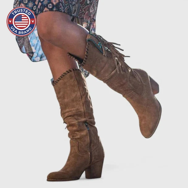 Women's suede side zip orthopedic knee high winter boots with fringe - Red