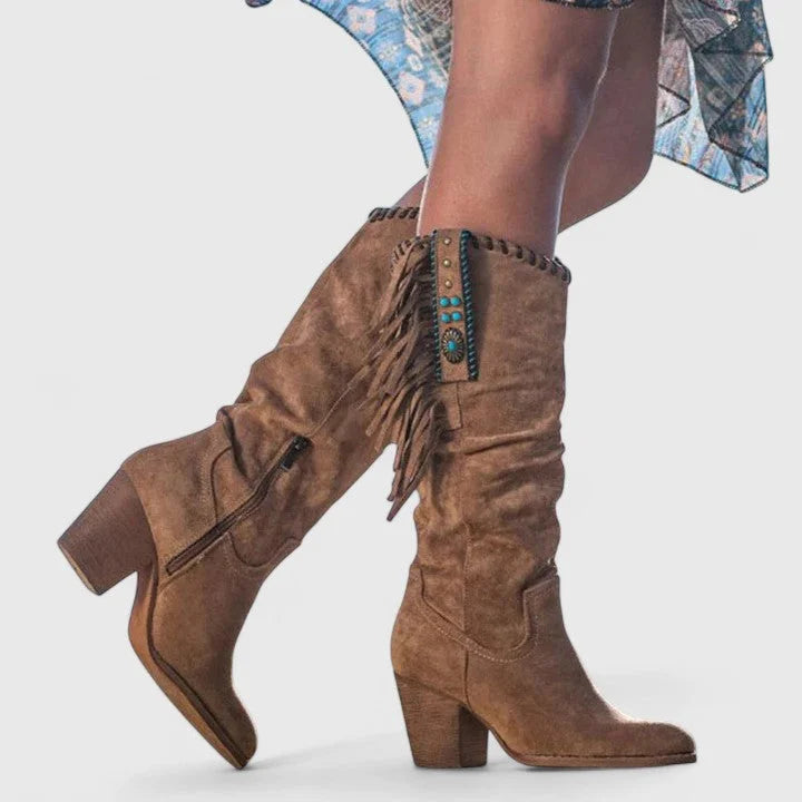 Women's suede side zip orthopedic knee high winter boots with fringe - Red