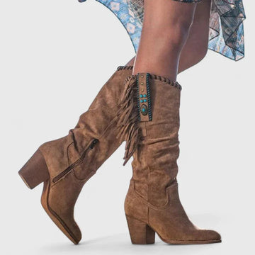 Women's suede side zip orthopedic knee high winter boots with fringe - Red