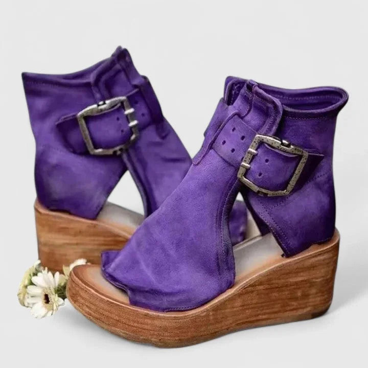 Women's faux leather buckle orthopedic ankle winter boots with open toe - Red