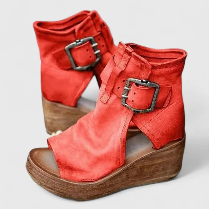 Women's faux leather buckle orthopedic ankle winter boots with open toe - Red