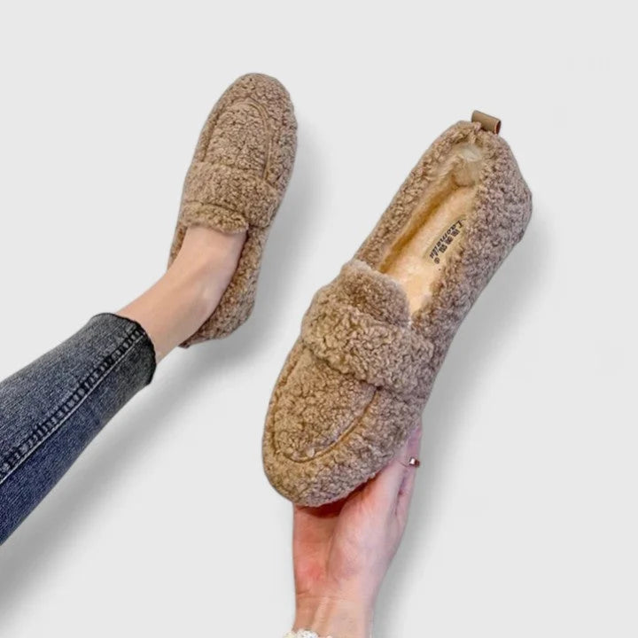 Women's borg orthopedic winter loafers with fluffy texture - Khaki