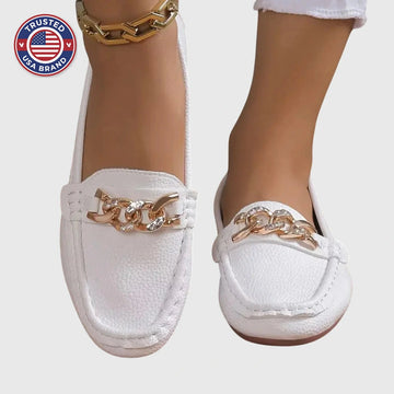 Women's orthopedic winter loafers with gold-tone chain detail - White