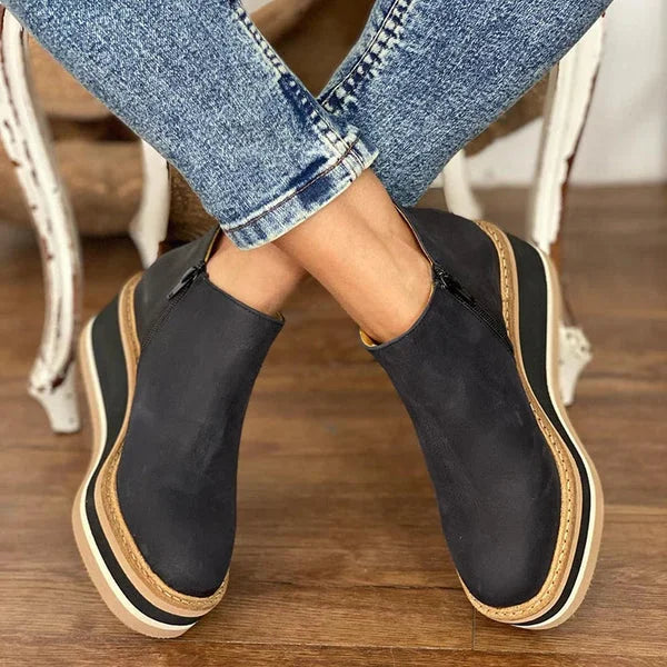 Women's striped suede side zip orthopedic waterproof ankle winter boots with wedge platform sole - Khaki