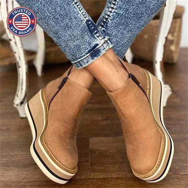 Women's striped suede side zip orthopedic waterproof ankle winter boots with wedge platform sole - Khaki