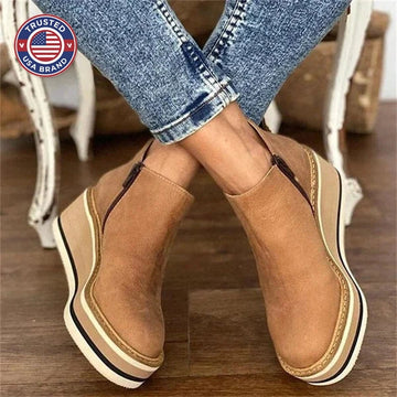 Women's striped suede side zip orthopedic waterproof ankle winter boots with wedge platform sole - Khaki
