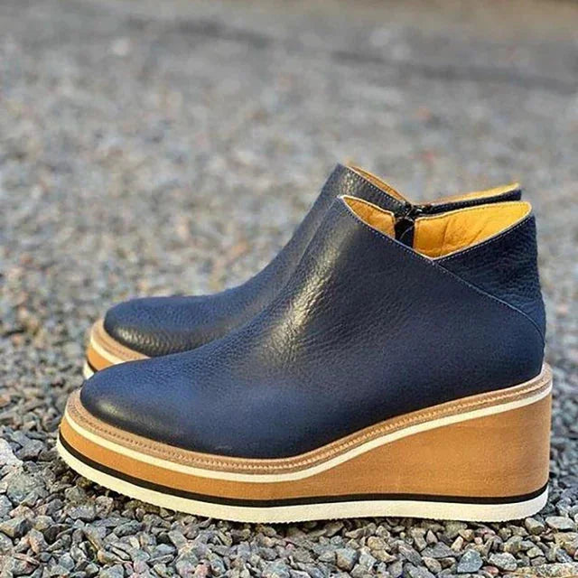 Women's striped suede side zip orthopedic waterproof ankle winter boots with wedge platform sole - Khaki