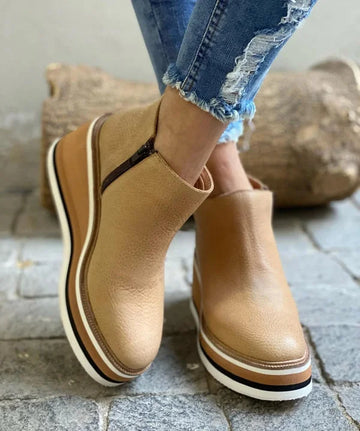 Women's striped suede side zip orthopedic waterproof ankle winter boots with wedge platform sole - Khaki