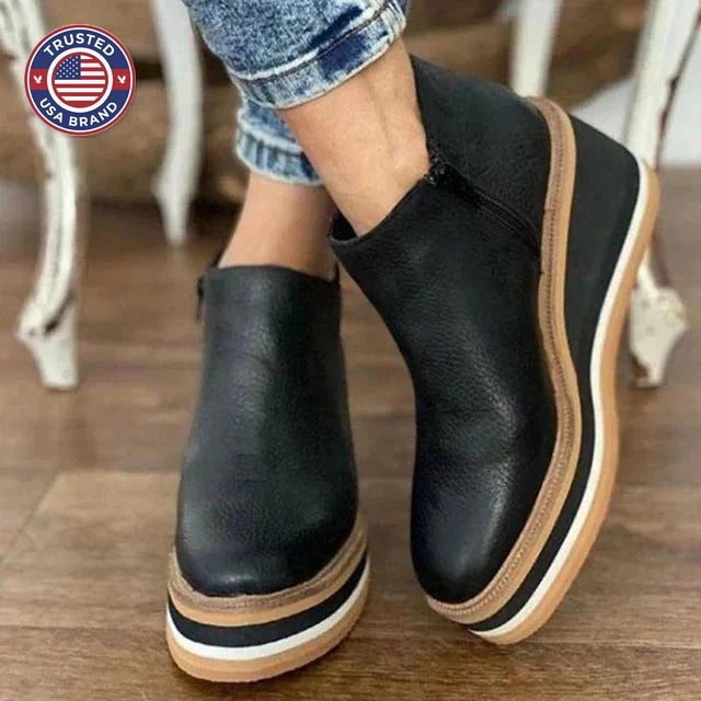 Women's striped suede side zip orthopedic waterproof ankle winter boots with wedge platform sole - Khaki