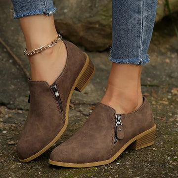 Women's suede side zip orthopedic ankle boots with pointed toe - Beige