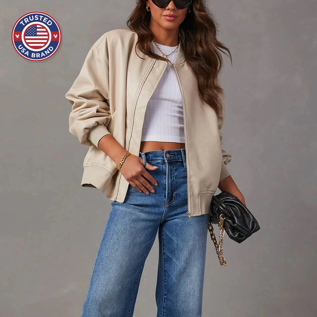 Women's oversized faux leather ribbed winter bomber jacket