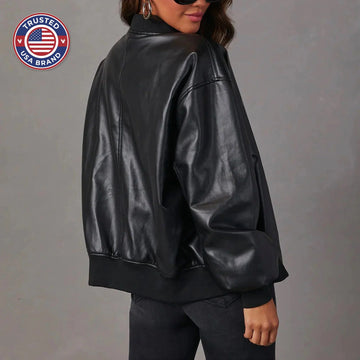 Women's oversized faux leather ribbed winter bomber jacket