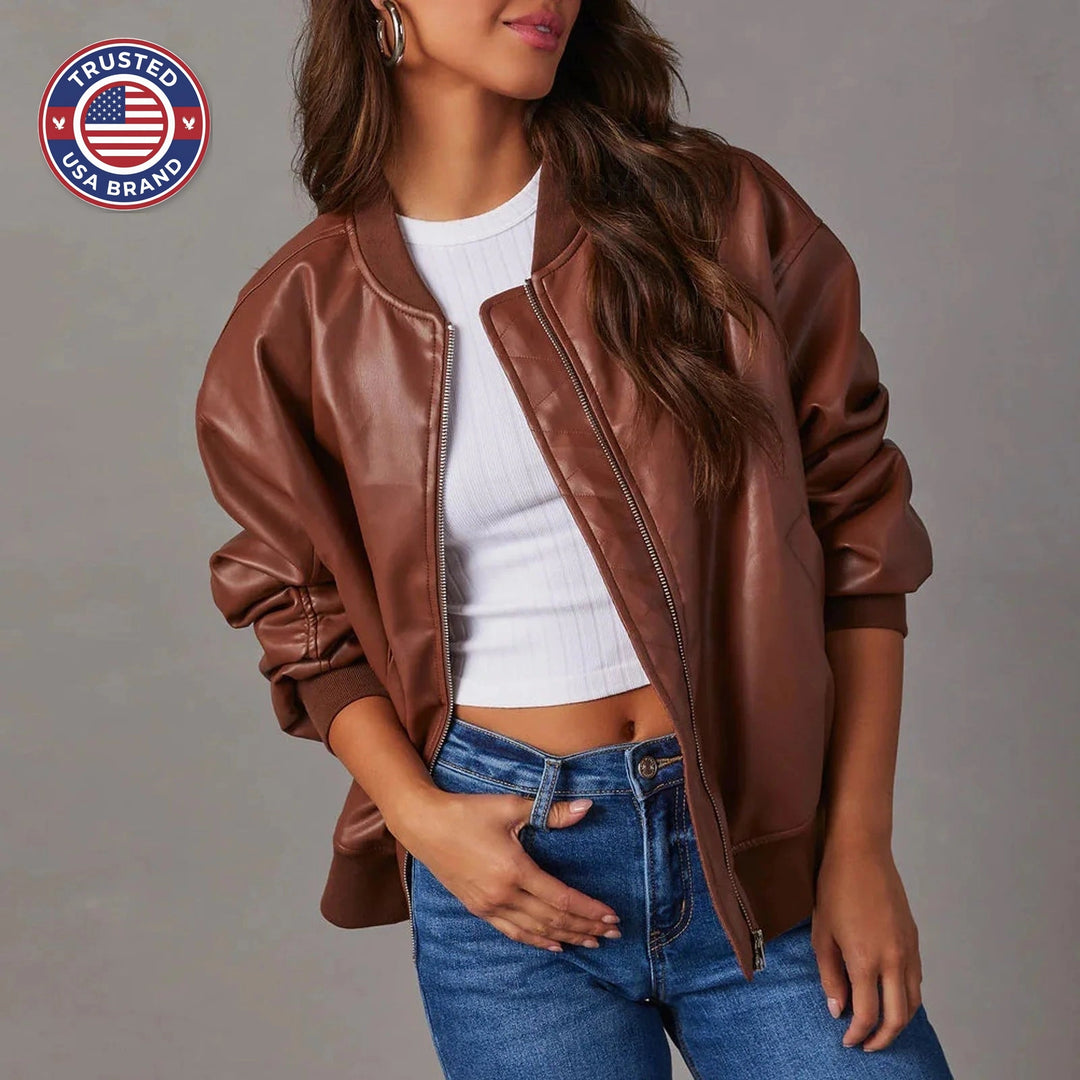 Women's oversized faux leather ribbed winter bomber jacket