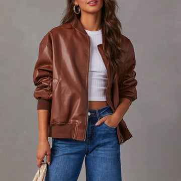 Women's oversized faux leather ribbed winter bomber jacket in Brown
