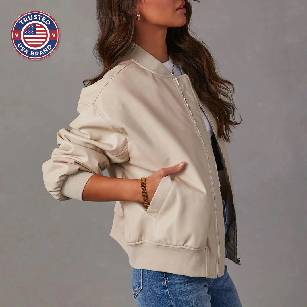 Women's oversized faux leather ribbed winter bomber jacket
