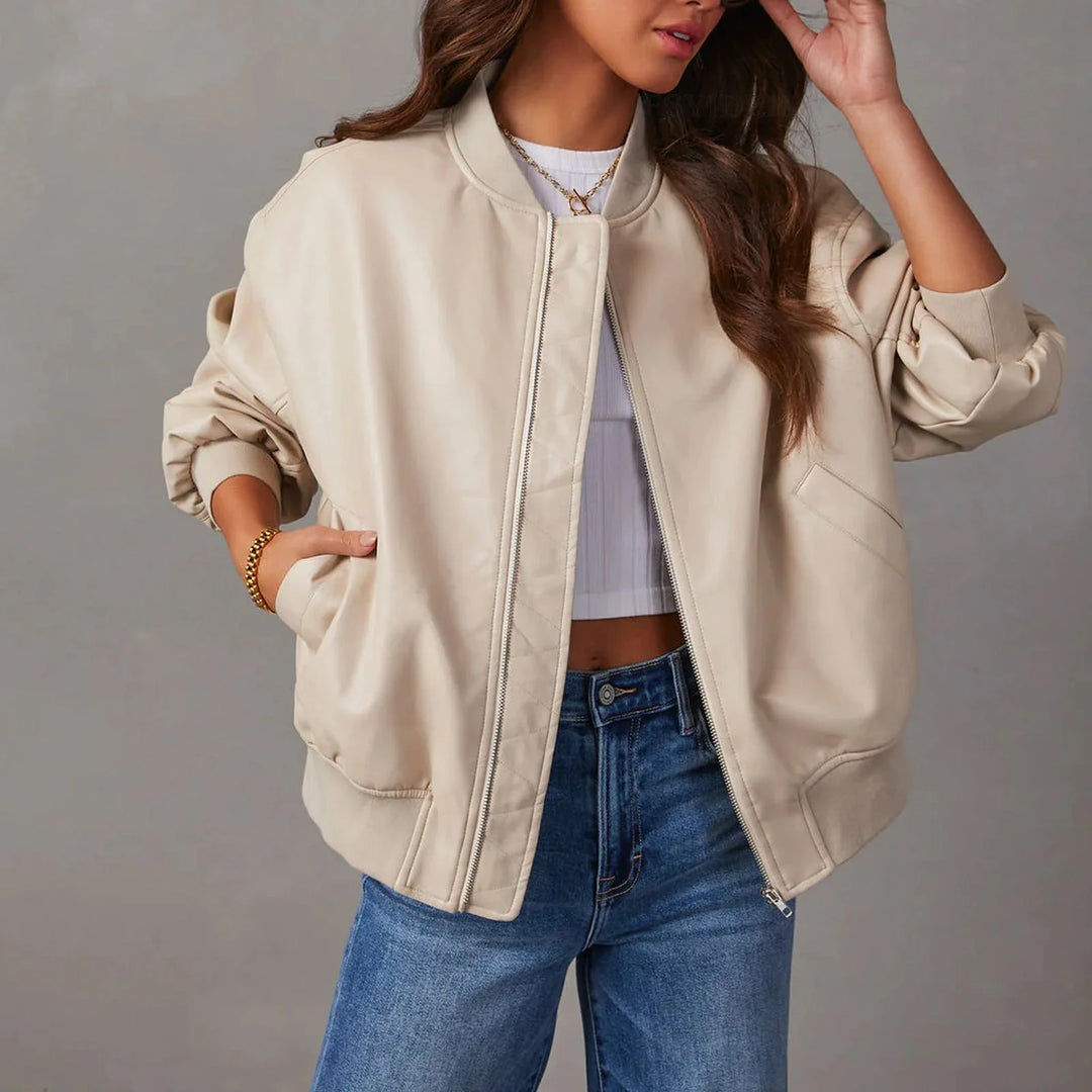 Women's oversized faux leather ribbed winter bomber jacket in Cream