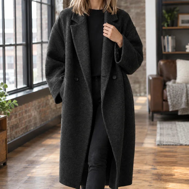 Women's oversized winter long coat with wide lapels in Black