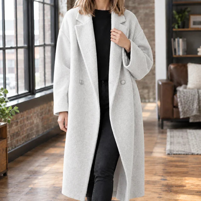 Women's oversized winter long coat with wide lapels in Off White