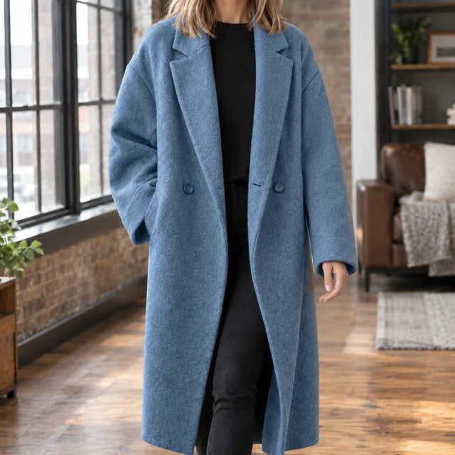 Women's oversized winter long coat with wide lapels in Sea Blue