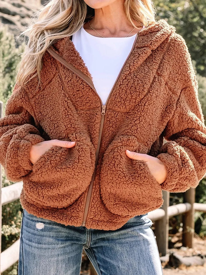Women's fleece oversized zip-up winter jacket in Brown