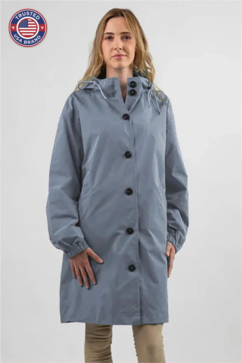 Women's button-front hooded knee winter parka with elasticated cuffs - Cherry Red