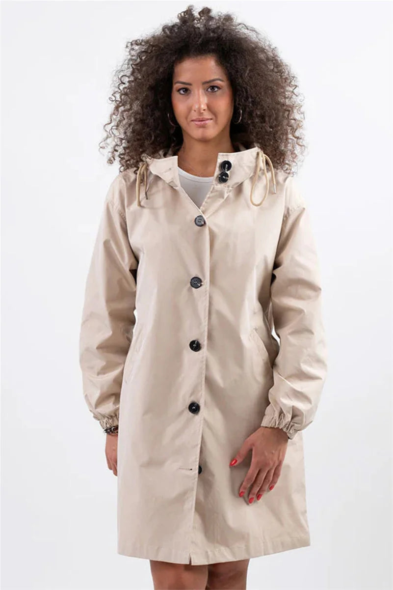 Women's button-front hooded knee winter parka with elasticated cuffs - Cherry Red