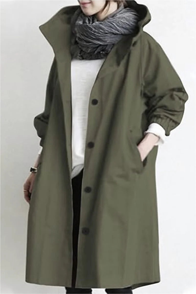Women's button-front hooded knee winter parka with elasticated cuffs - Cherry Red