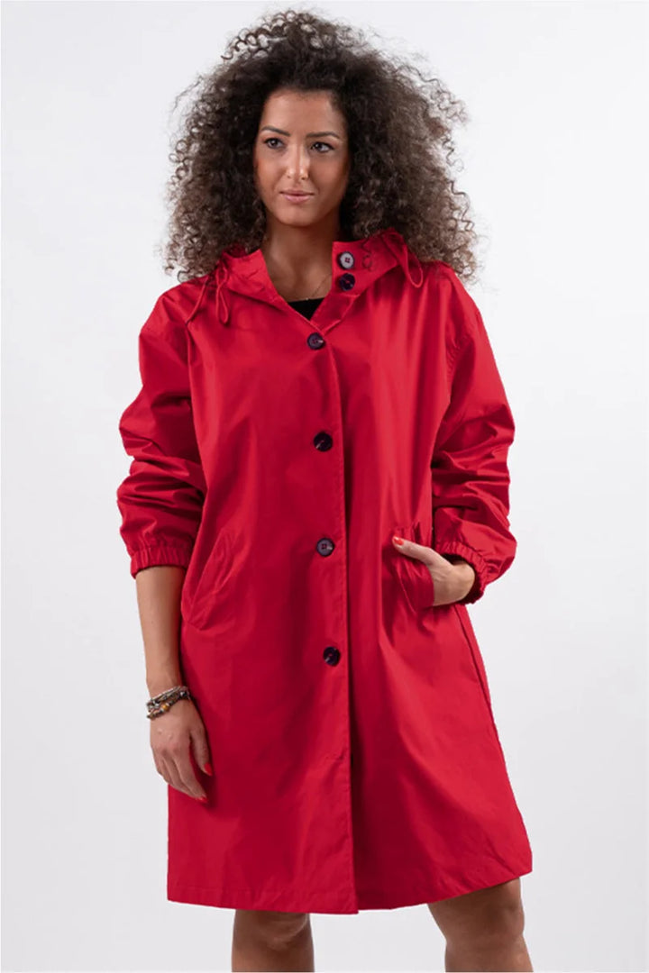 Women's button-front hooded knee winter parka with elasticated cuffs - Cherry Red