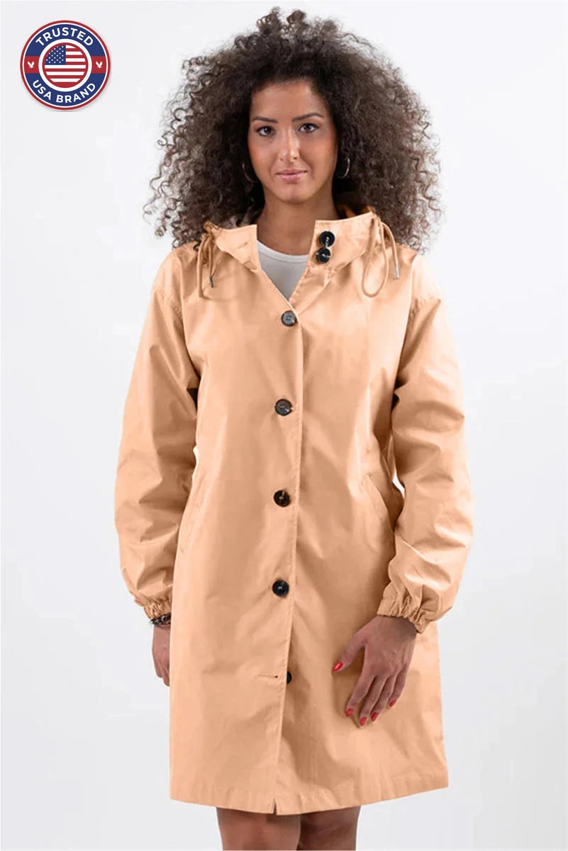 Women's button-front hooded knee winter parka with elasticated cuffs - Cherry Red