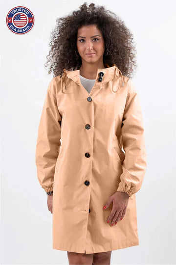 Women's button-front hooded knee winter parka with elasticated cuffs - Cherry Red