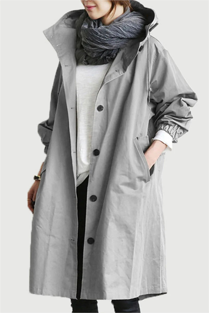 Women's button-front hooded knee winter parka with elasticated cuffs - Cherry Red