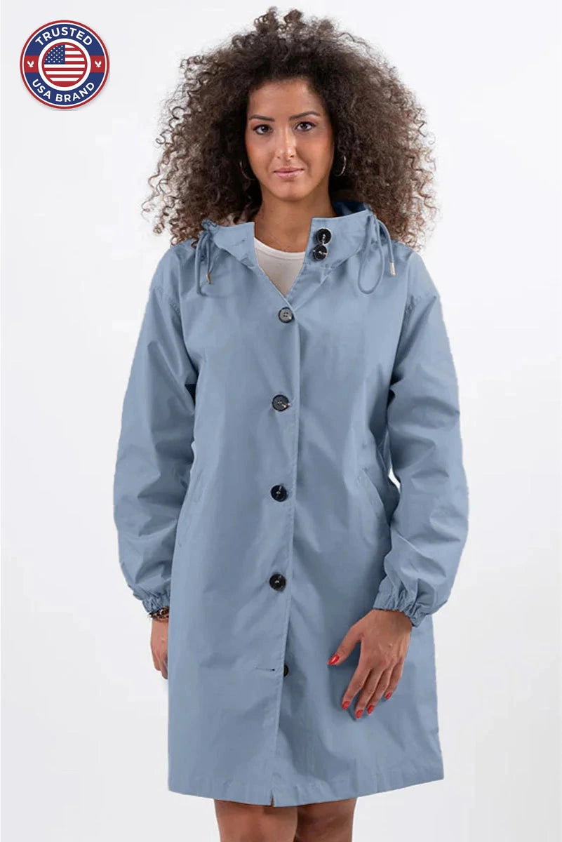 Women's button-front hooded knee winter parka with elasticated cuffs - Cherry Red