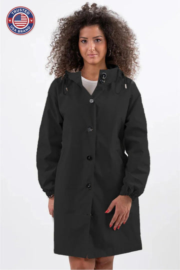 Women's button-front hooded knee winter parka with elasticated cuffs - Cherry Red