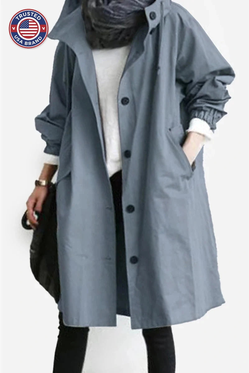 Women's button-front hooded knee winter parka with elasticated cuffs - Cherry Red