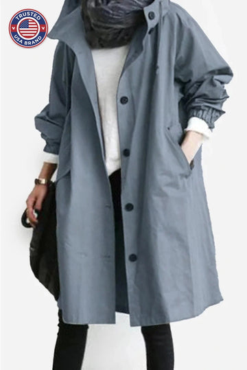 Women's button-front hooded knee winter parka with elasticated cuffs - Cherry Red