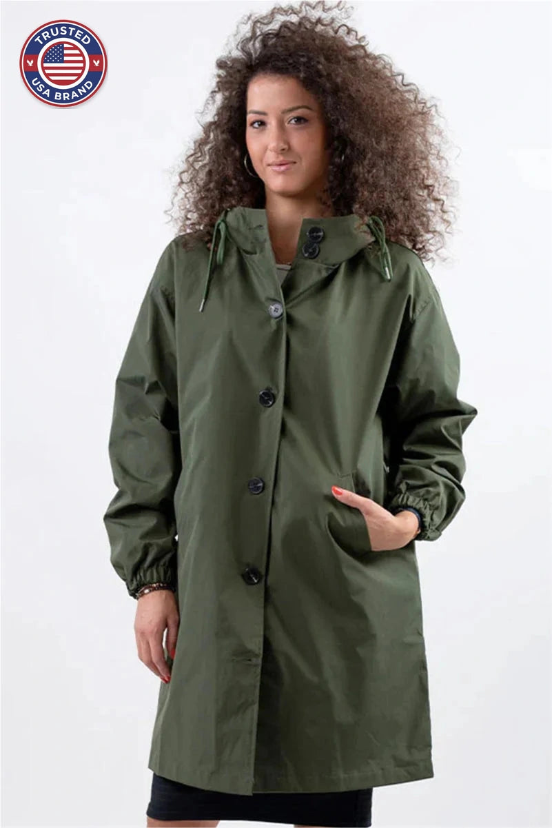 Women's button-front hooded knee winter parka with elasticated cuffs - Cherry Red