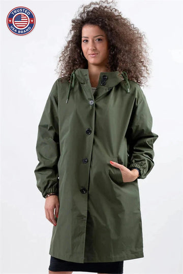 Women's button-front hooded knee winter parka with elasticated cuffs - Cherry Red