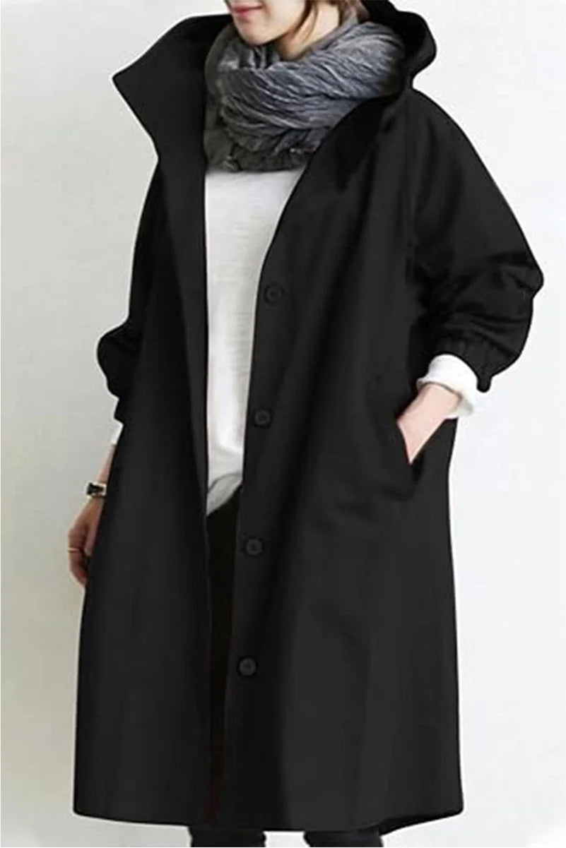 Women's button-front hooded knee winter parka with elasticated cuffs - Cherry Red